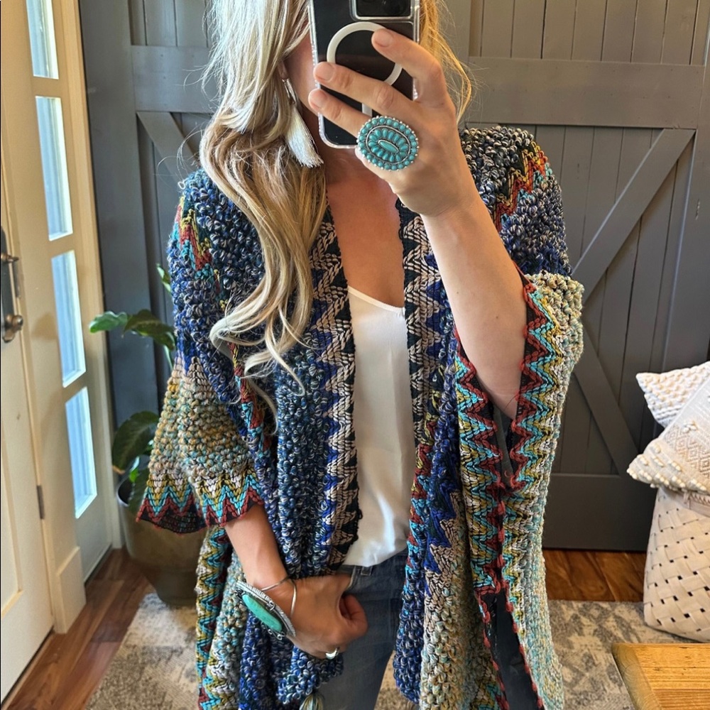 New Bohemian Loom Moroccan Knit Tasseled Blue Poncho Cardigan Sweater